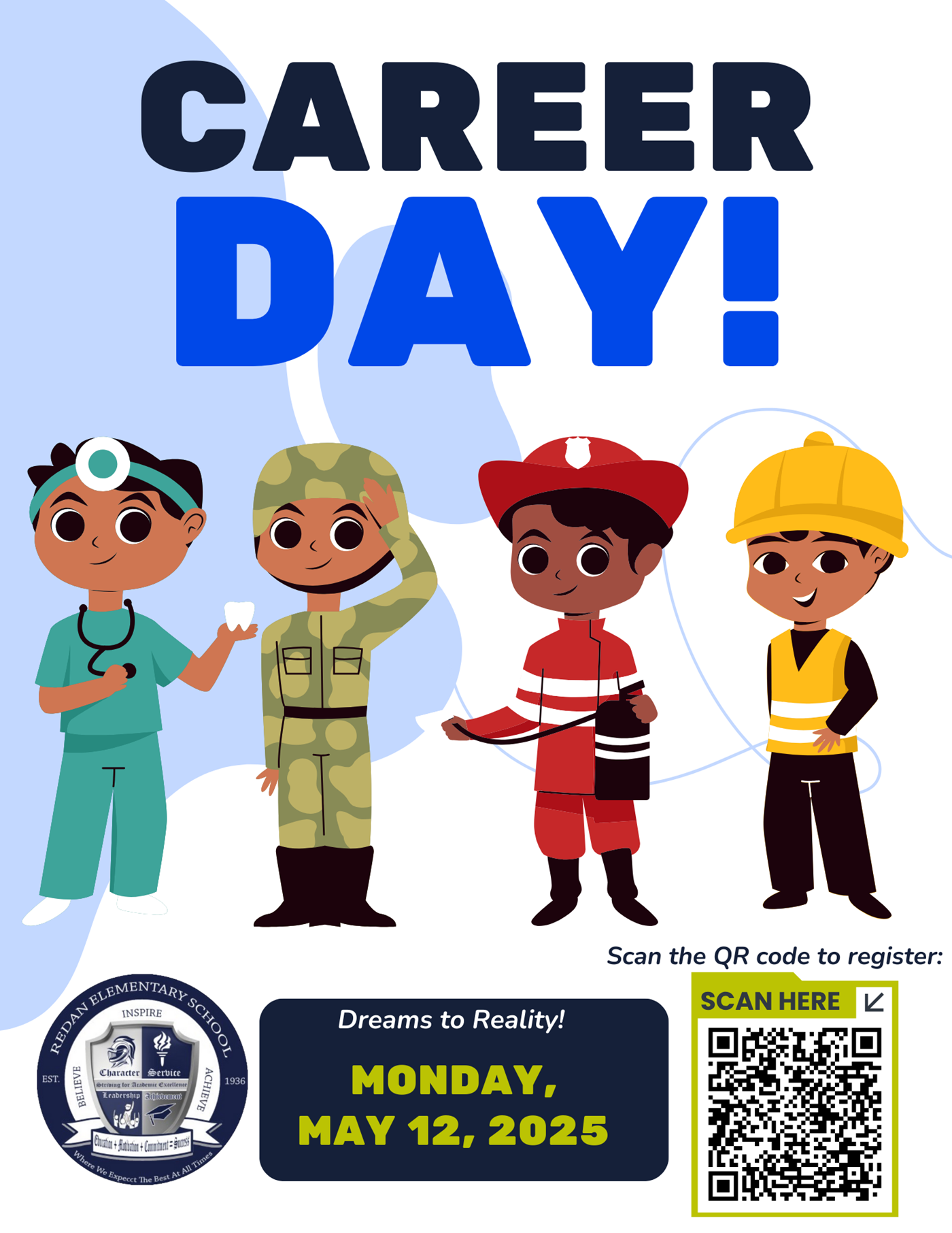 This is a flyer to have people register for Career Day. The Career Day event is on Monday, May 12, 2025.